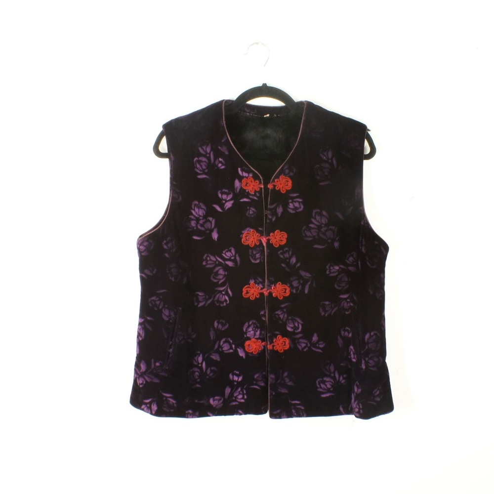 Vintage 60s Deep Purple Floral Devore Velvet Fur Lined Vest Pink Pankou Knots